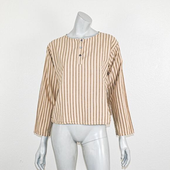 Pietsie Women's Cotton Linen 1/2 button pullover blouse beige striped size M - Picture 1 of 11